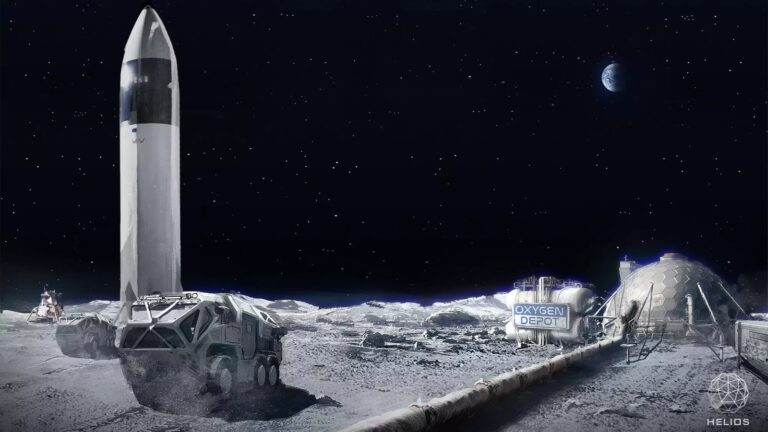 Artists’ rendering of an oxygen production, liquification and storage facility on the Moon. Image courtesy of Helios.