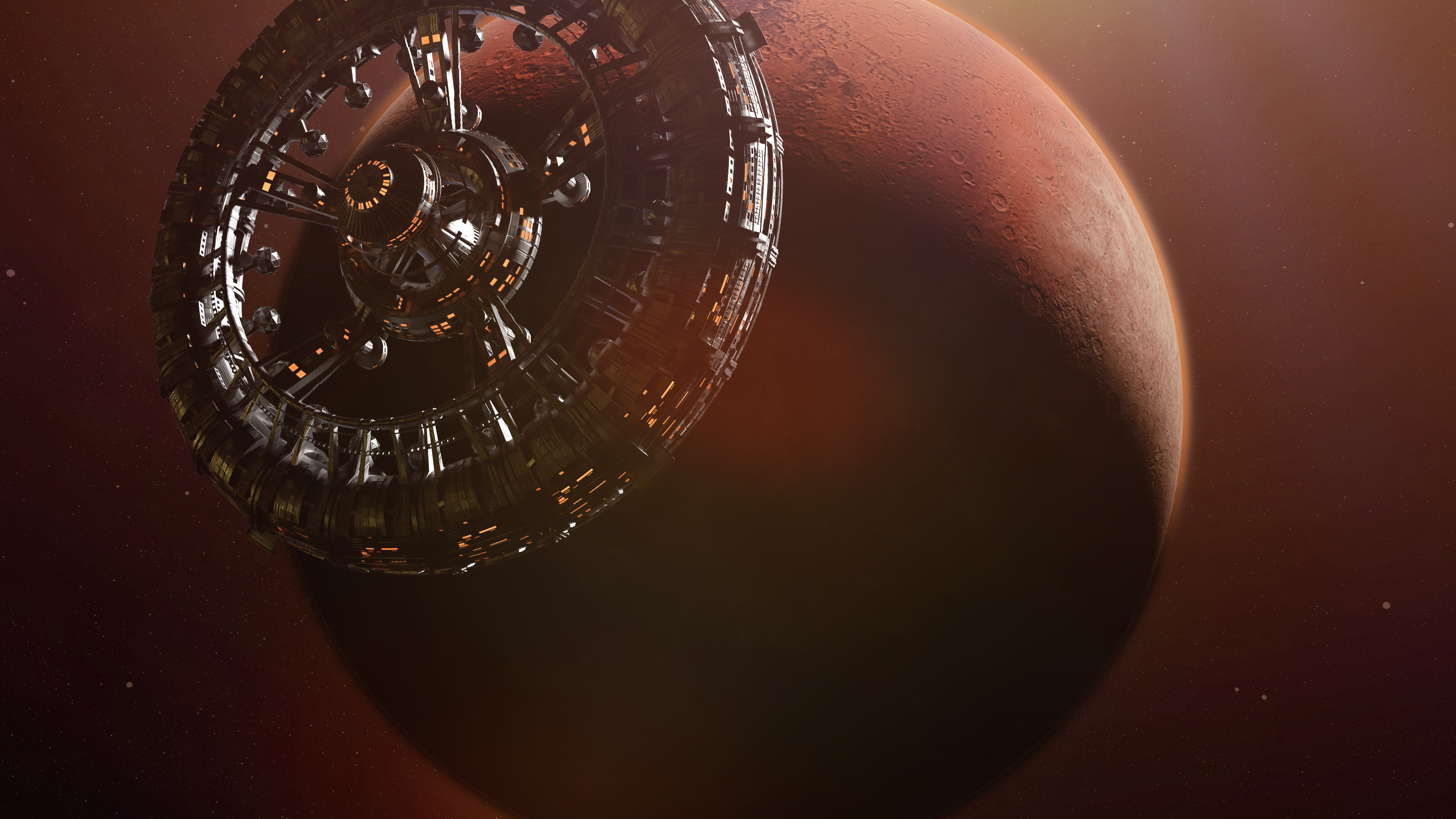 huge space station in orbit of the red planet Mars