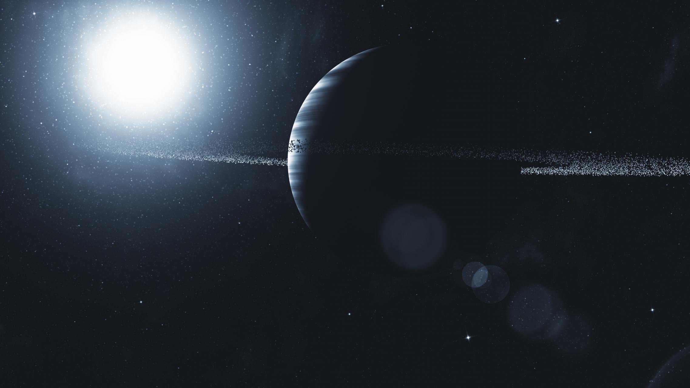 Gas giant with ring system of ice particles. Outer Space, Cosmic Art and Science Fiction Concept.